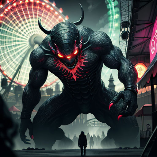 a man standing in front of a giant demon in a city at night with ferris wheel in the background