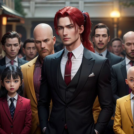 a group of men in suits and ties standing next to each other in a room with a woman in the middle
