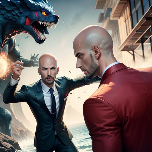 two men in suits are facing each other in front of a dragon and a man in a suit with a tie