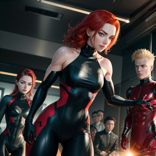 a group of people in a room with a woman in a black catsuit and a man in a red suit