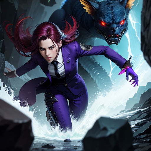 a woman in a suit and tie is running towards a monster in a cave with a red hair and a demon