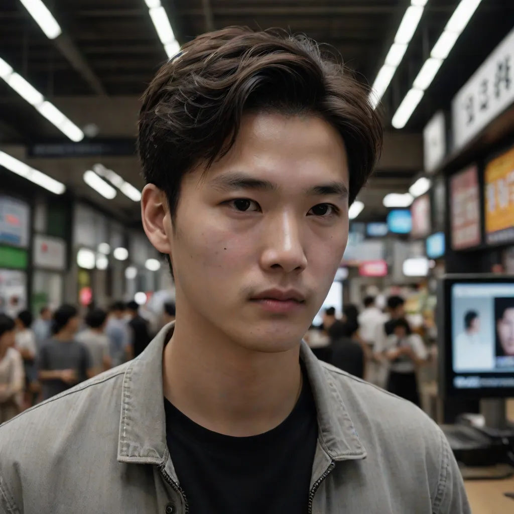 a man standing in a store looking at the camera with a serious look on his face and a crowd of people in the background, a character portrait, David Park, neo-figurative, canon eos r 3