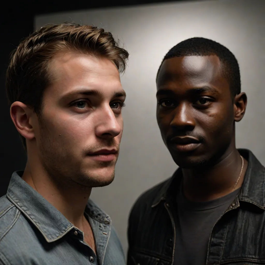 two men standing next to each other in a room with a light on the wall behind them and one man looking at the camera, a poster, Christopher Wood, light and space, promotional image