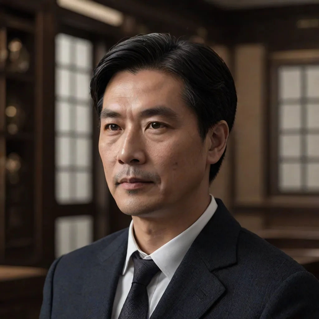 a man in a suit and tie standing in a room with windows and a clock on the wall behind him, a character portrait, Chen Jiru, mingei, promotional image