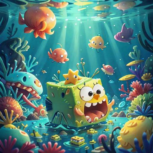 a cartoon spongebob under the sea with fish and other sea life around him, with a spongebob in the middle