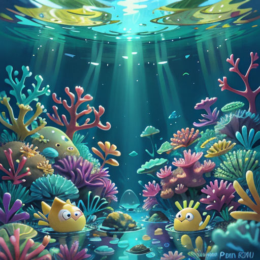 a painting of a underwater scene with corals and fish in the water and a sunbeam above the water