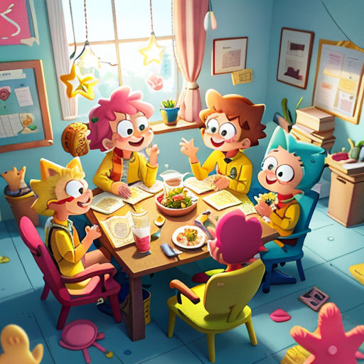 a group of children sitting around a table eating food in a room with blue walls and flooring and a window