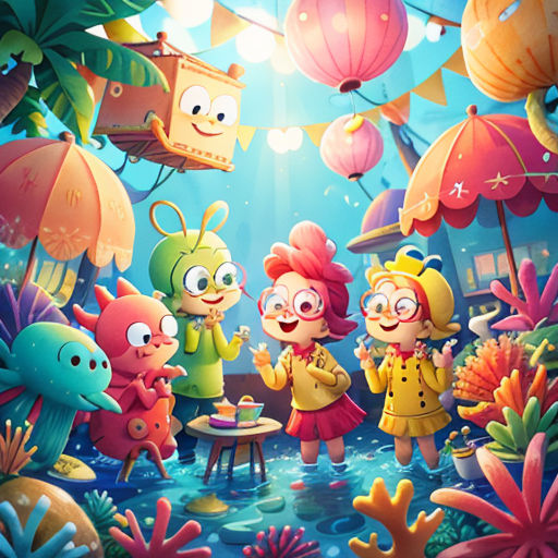 a group of cartoon characters standing in a room with umbrellas and plants around them, with a sky background