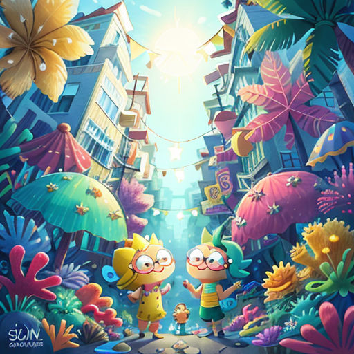 a cartoon character is standing in the middle of a city with umbrellas and flowers on the street and a person is holding a small child
