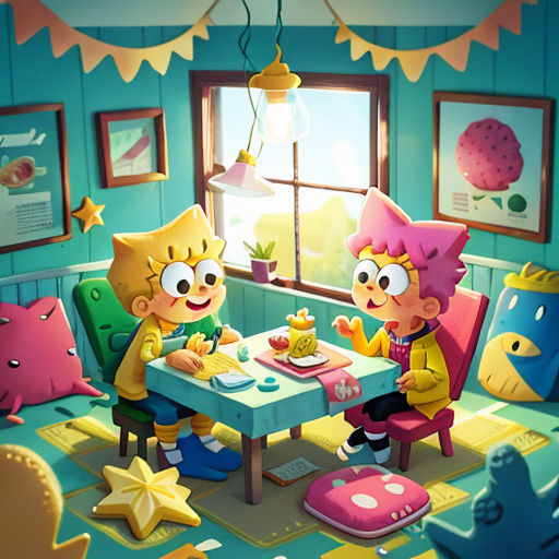 a cartoon of two kids sitting at a table eating food together in a room with a cat and a dog