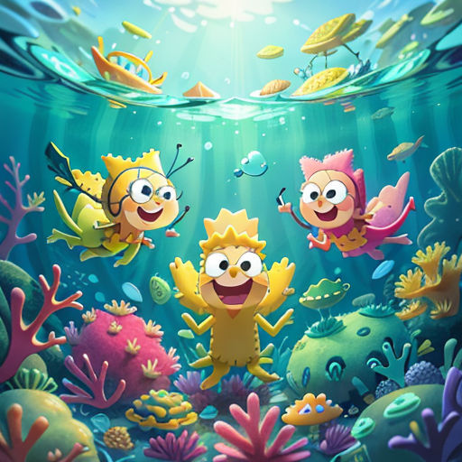 a cartoon scene of a group of fish swimming in the ocean with a man and woman on the bottom