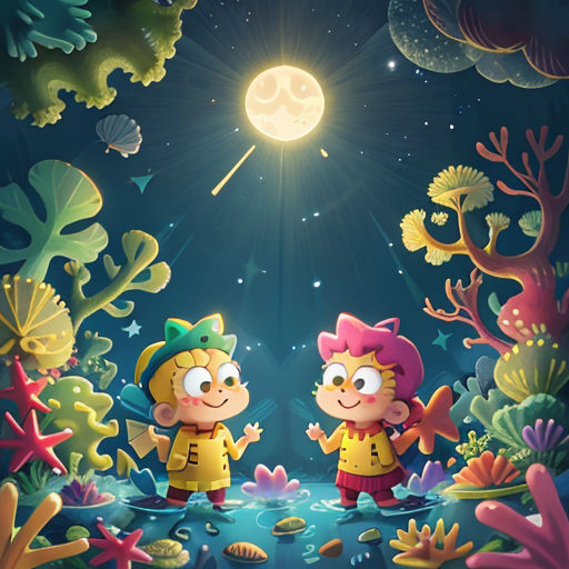 a painting of two children standing in the water under a full moon and stars above them, with a full moon in the background