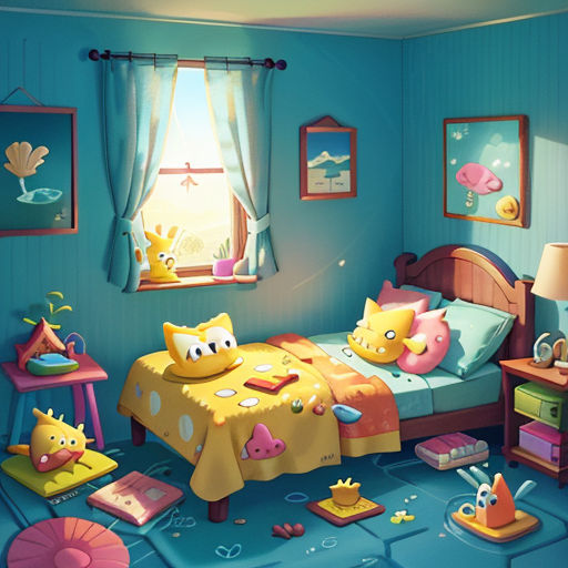 a bedroom with a bed, dresser, and a window with a cartoon character on it and a rug