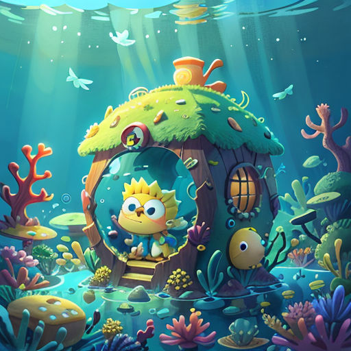 a cartoon character is standing in front of a house in the ocean with a fish and corals surrounding it