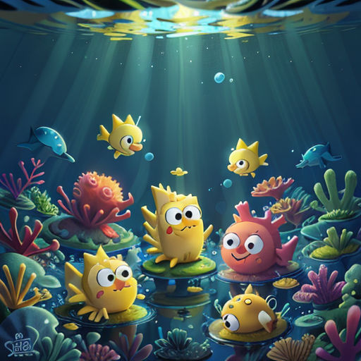 a painting of a group of fish in a sea with a sunbeam above them and a fish in the water