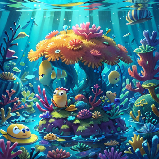 a painting of a underwater scene with fish and corals on the bottom of the water, and a tree with yellow flowers on top