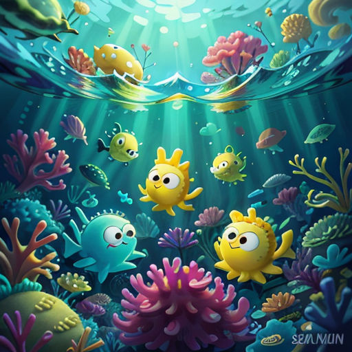 a painting of a group of fish swimming in the ocean with corals and algaes around them, under water