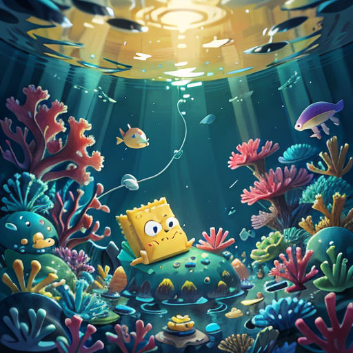 a cartoon spongebob underwater scene with a fish and corals in the background and a yellow spongebob on the bottom