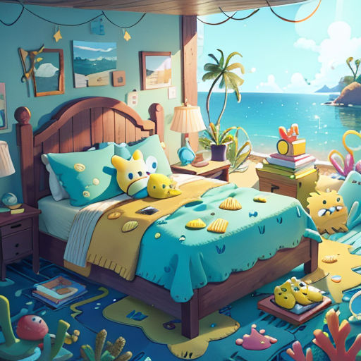 a bedroom with a bed and a painting of a beach scene on the wall and a painting of a fish