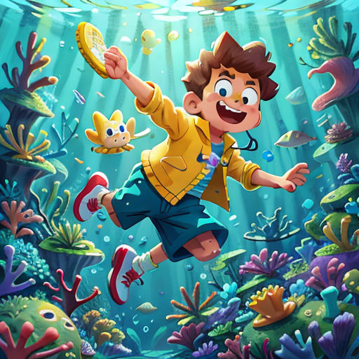 a boy is swimming in the ocean with a frisbee in his hand and a fish in his mouth