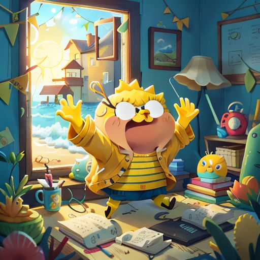 a cartoon character is standing in a room with a desk and a lamp and a window with a view of the ocean