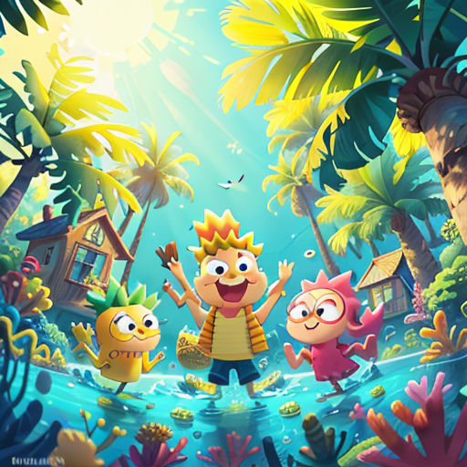 a cartoon character is standing in the middle of a jungle with other characters and a house in the background