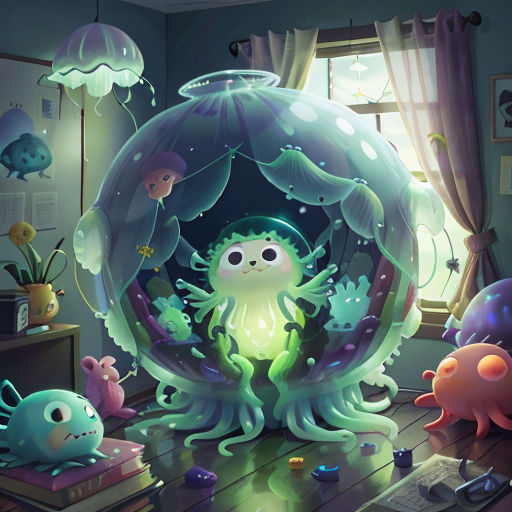 a room with a bunch of toys and a giant bubble in the middle of it with a little creature inside