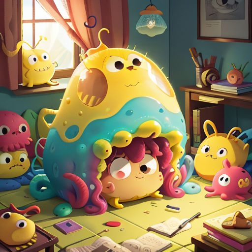a group of cartoon characters sitting around a table with a giant donut on it's head and a giant donut on the floor