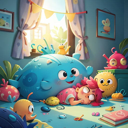 a cartoon fish and other toys on a bed in a room with a window and curtains on the wall