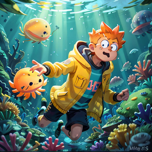 a boy in a yellow jacket is under the water with fish and corals around him, and a fish is swimming in the water