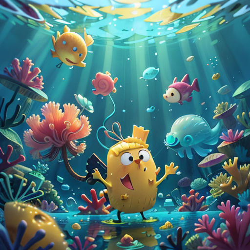 a cartoon character is standing in the middle of a sea with fish and corals on it's surface