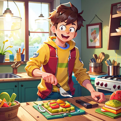 a boy is cutting up food in a kitchen with a knife and fork in his hand and a bowl of vegetables on the counter