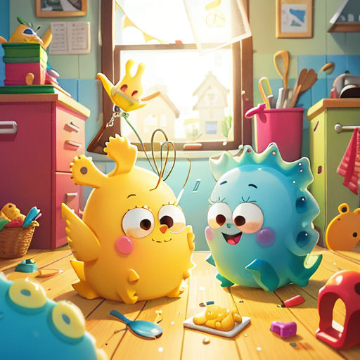 a room with toys and a window in it that has a bird on it and a bird on the floor