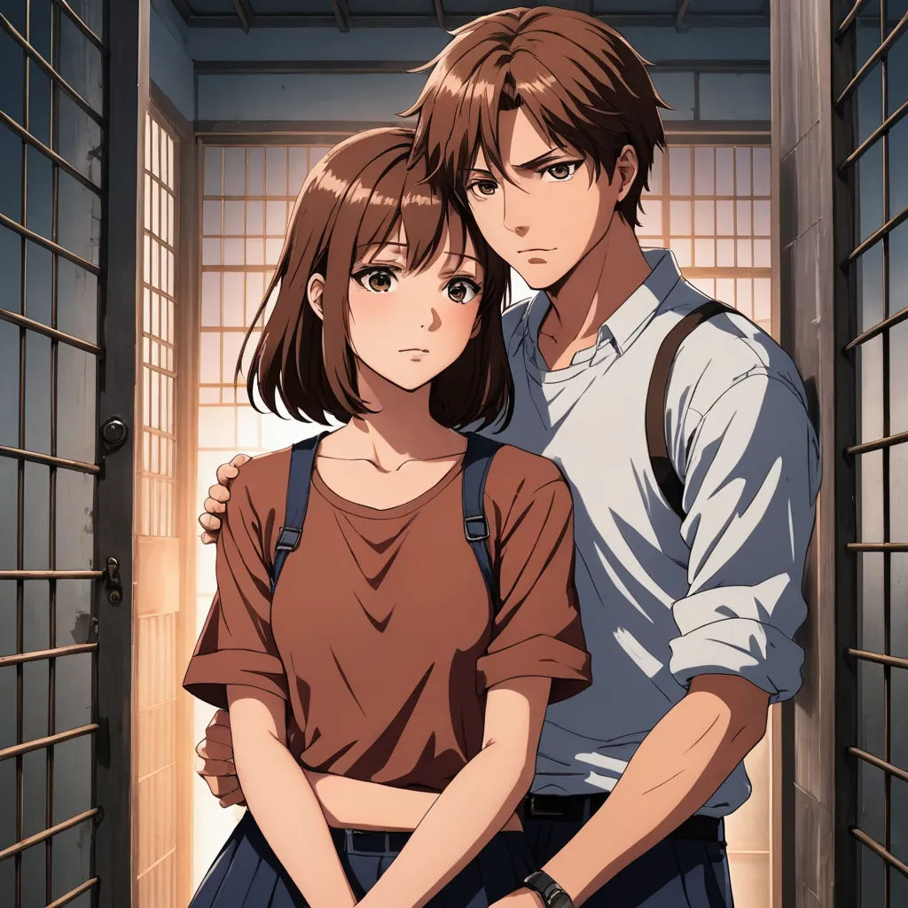 a man and a woman standing in a doorway with their arms around each other, looking at the camera, sots art, a poster, Aya Goda, official art