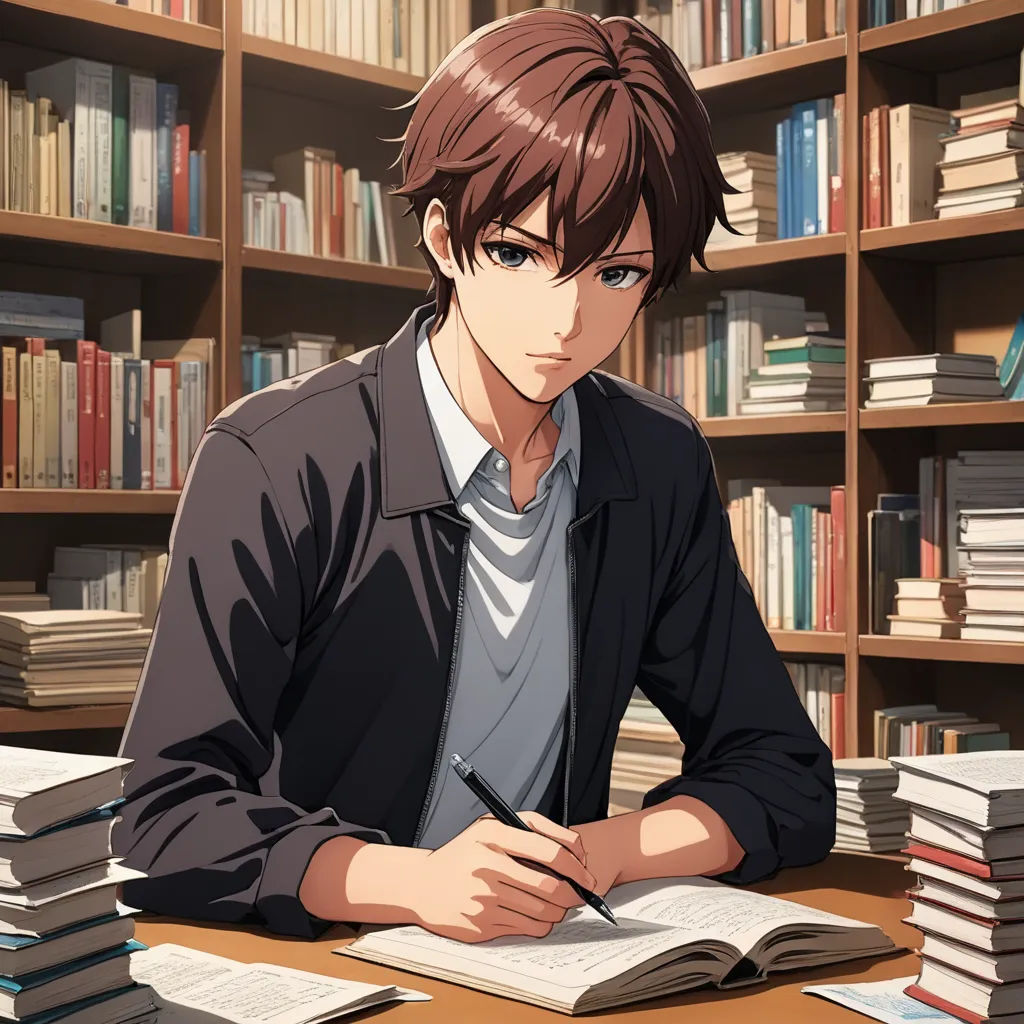 a man sitting at a table with a book and pen in his hand and a bookcase full of books behind him, remodernism, a character portrait, Armin Hansen, official art