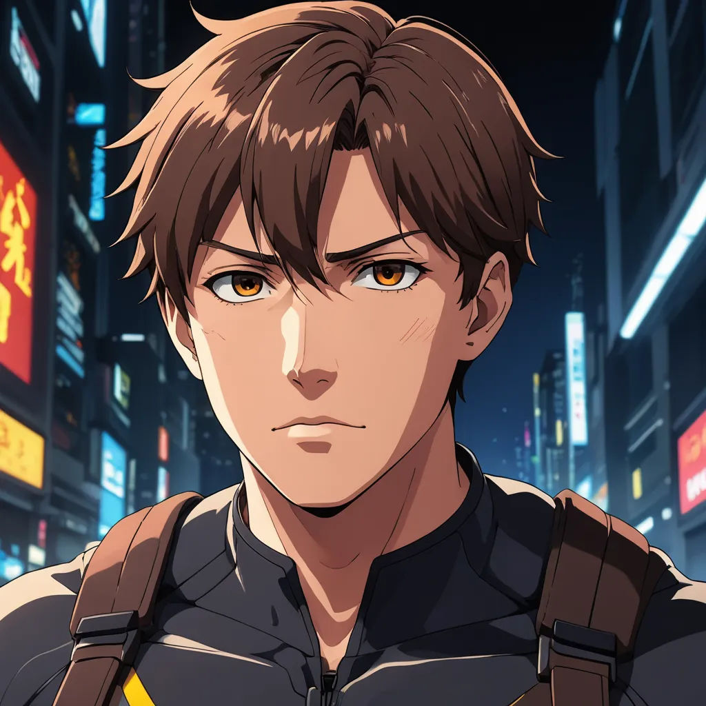 a man in a futuristic city with a backpack on his shoulder and a yellow eye patch on his chest, sots art, a character portrait, Cedric Seaut (Keos Masons), rossdraws global illumination