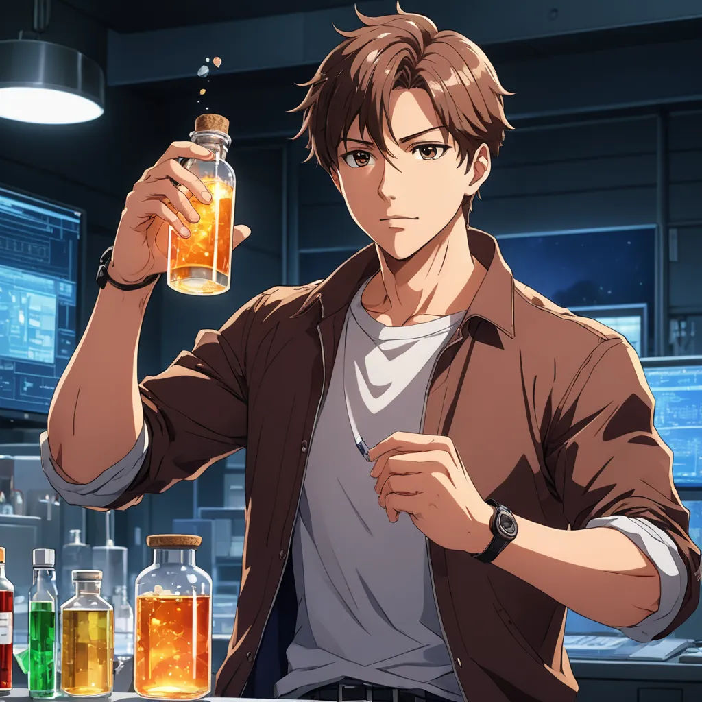 a man holding a jar of liquid in a laboratory area with bottles of liquid in the background and a clock on the wall, remodernism, a stock photo, Alvan Fisher, official art