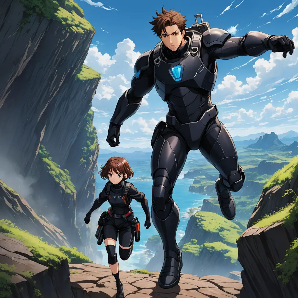 a couple of people standing on top of a cliff next to a cliff face in the sky with a giant robot, rayonism, concept art, Cedric Seaut (Keos Masons), official art