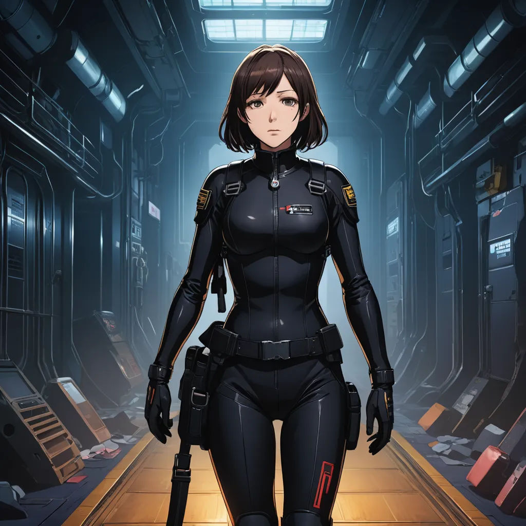a woman in a sci - fi fi outfit standing in a hallway with a gun in her hand and a helmet on, space art, cyberpunk art, Eizan Kikukawa, anime key visual