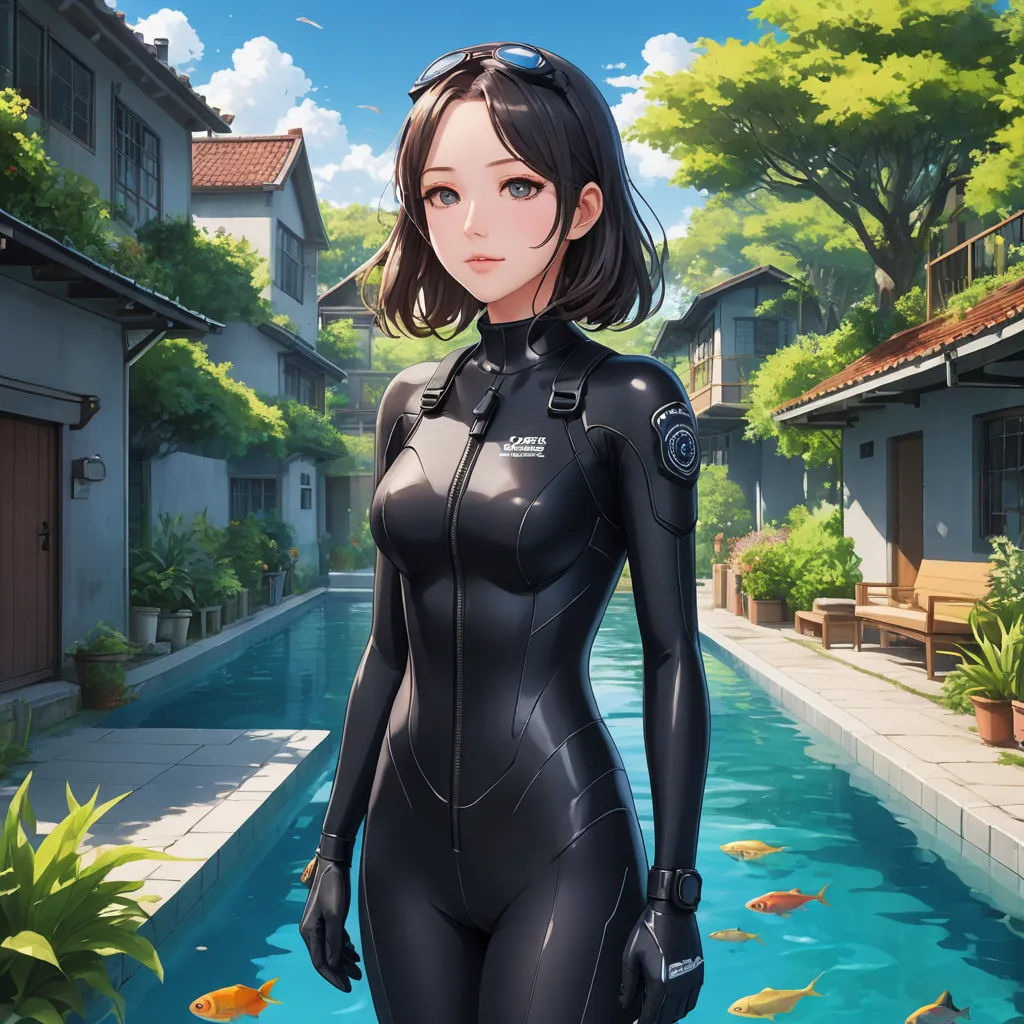 a woman in a wet suit standing in front of a pool of water with gold fish in it's mouth, fantasy art, cyberpunk art, Artgerm, cgstudio