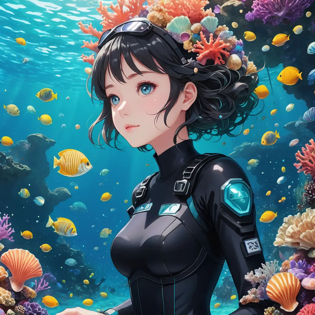 a woman in a black suit standing in front of a coral reef with fish and corals on it, fantasy art, cyberpunk art, Artgerm, rossdraws global illumination