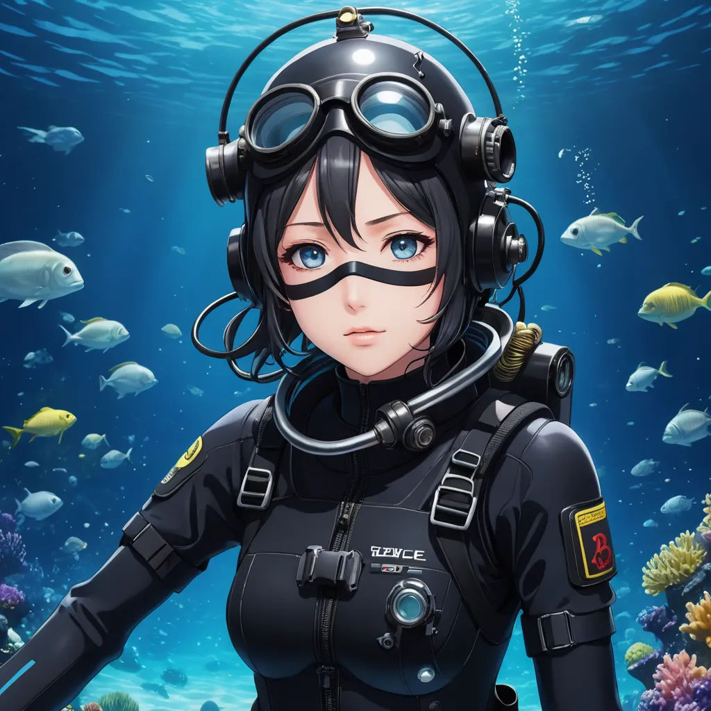 a woman in a diving suit and helmet standing in front of a coral reef with fish swimming around her, space art, a character portrait, Eizan Kikukawa, official art