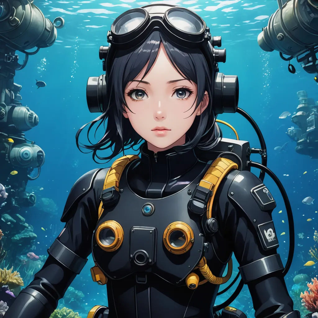 a woman in a diving suit and goggles standing in front of a coral reef with scuba equipment on her head, fantasy art, cyberpunk art, Ayami Kojima, game art