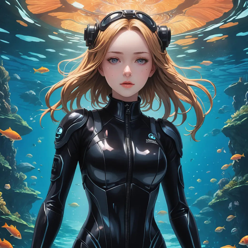 a woman in a black suit standing in front of a fish tank with a halo above her head and a fish in the water, fantasy art, cyberpunk art, Artgerm, stanley artgerm lau