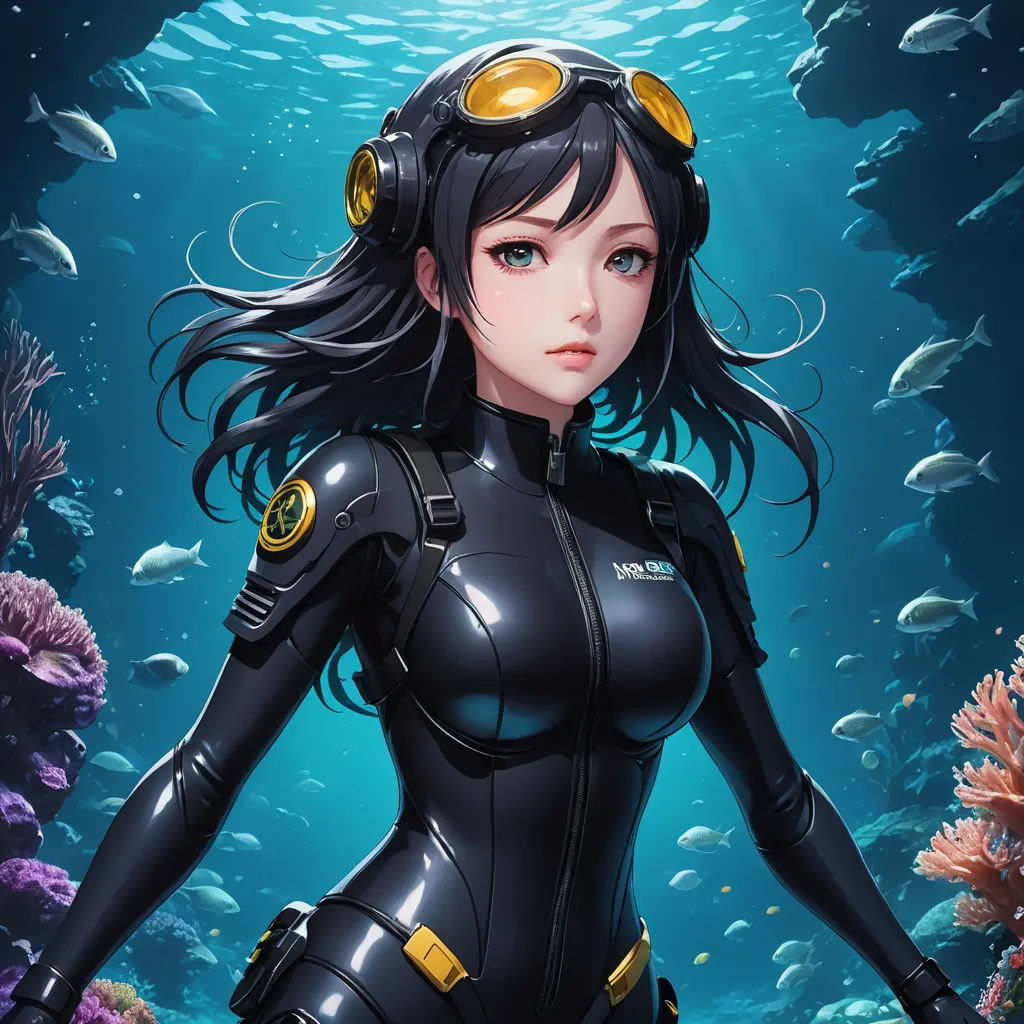 a woman in a scuba suit standing in front of a coral reef with fish in the background and a scuba suit on, fantasy art, cyberpunk art, Artgerm, stanley artgerm lau