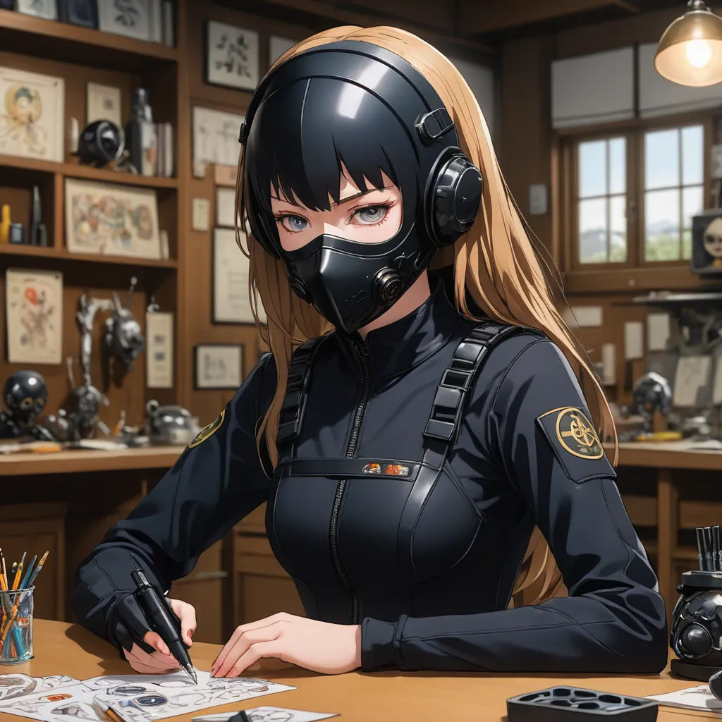 a woman in a black uniform is sitting at a desk with a pair of headphones on her head, serial art, cyberpunk art, Artgerm, official art