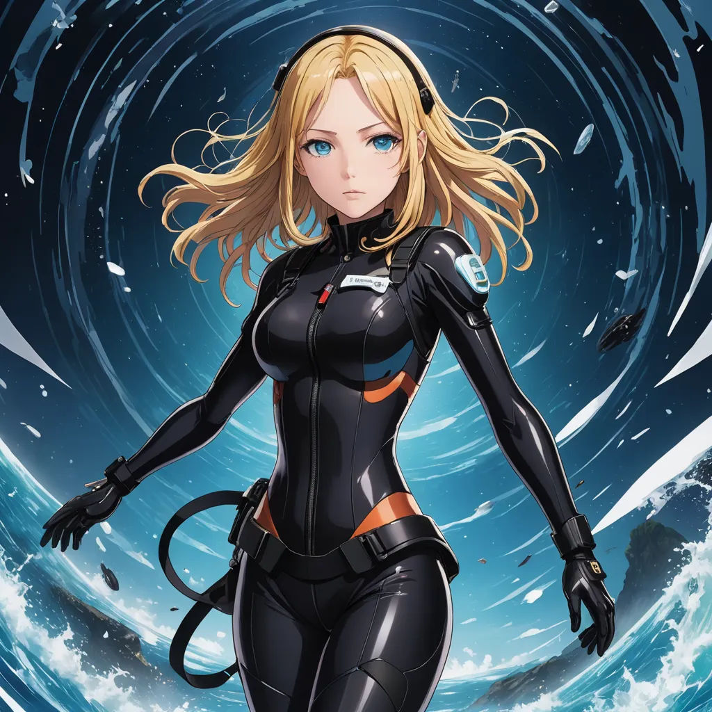 a woman in a wet suit standing in the ocean with a scuba suit on and a helmet on her head, sots art, poster art, Artgerm, official art
