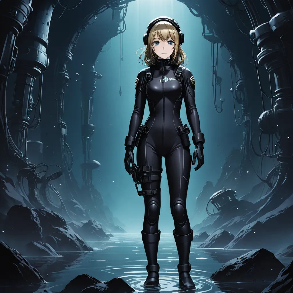 a woman in a black suit standing in a tunnel with a gun in her hand and a helmet on, space art, cyberpunk art, Alice Prin, official art
