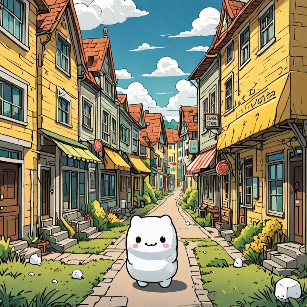 a cartoon of a cat walking down a street in a town with buildings and a sky background with clouds, context art, a character portrait, Derf, official art