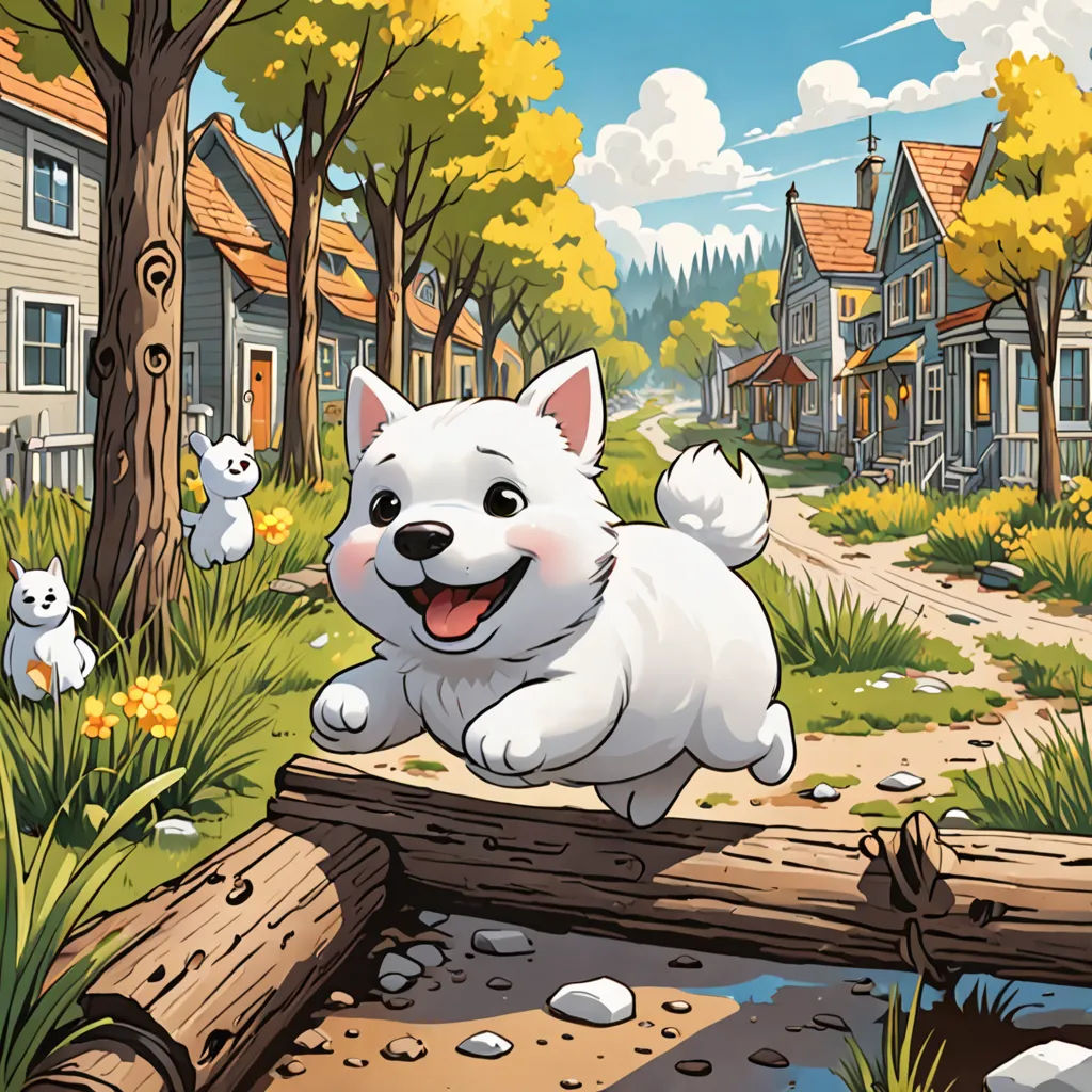 a cartoon dog running across a wooden bridge over a creek in a village with houses and trees on the other side, sots art, a storybook illustration, Chris LaBrooy, key art